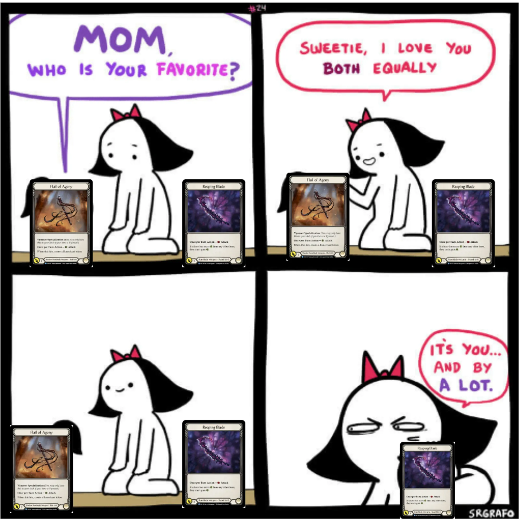 meme that depicts a mother saying she loves Reaping Blade more than Flail of Agony