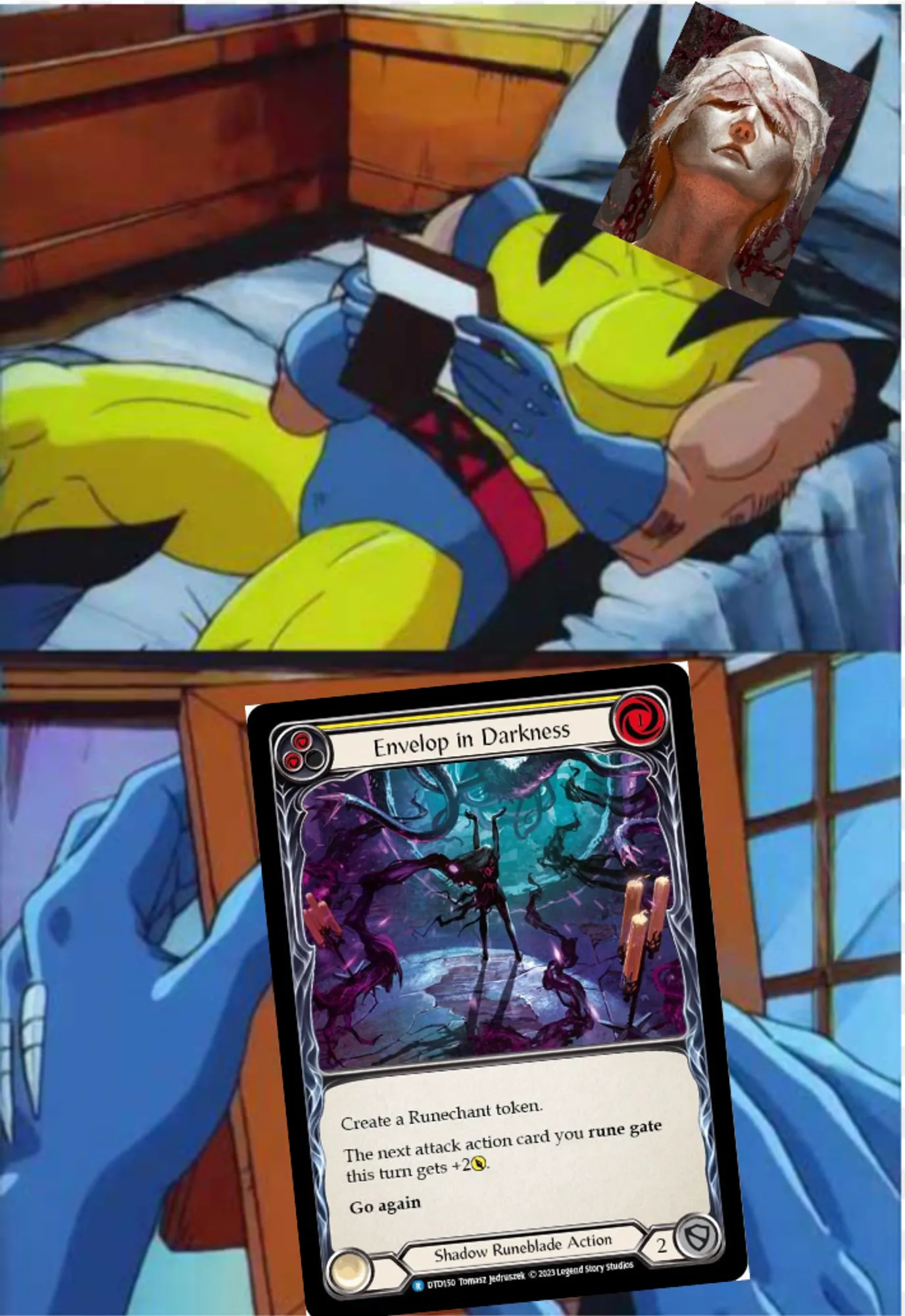 meme of Wolverine looking longingly at a picture of yellow Envelop in Darkness