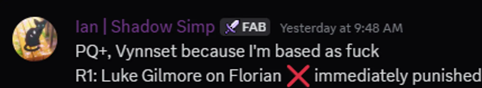 discord screenshot of a player being punished by GEM pairings for choosing to play Vynnset