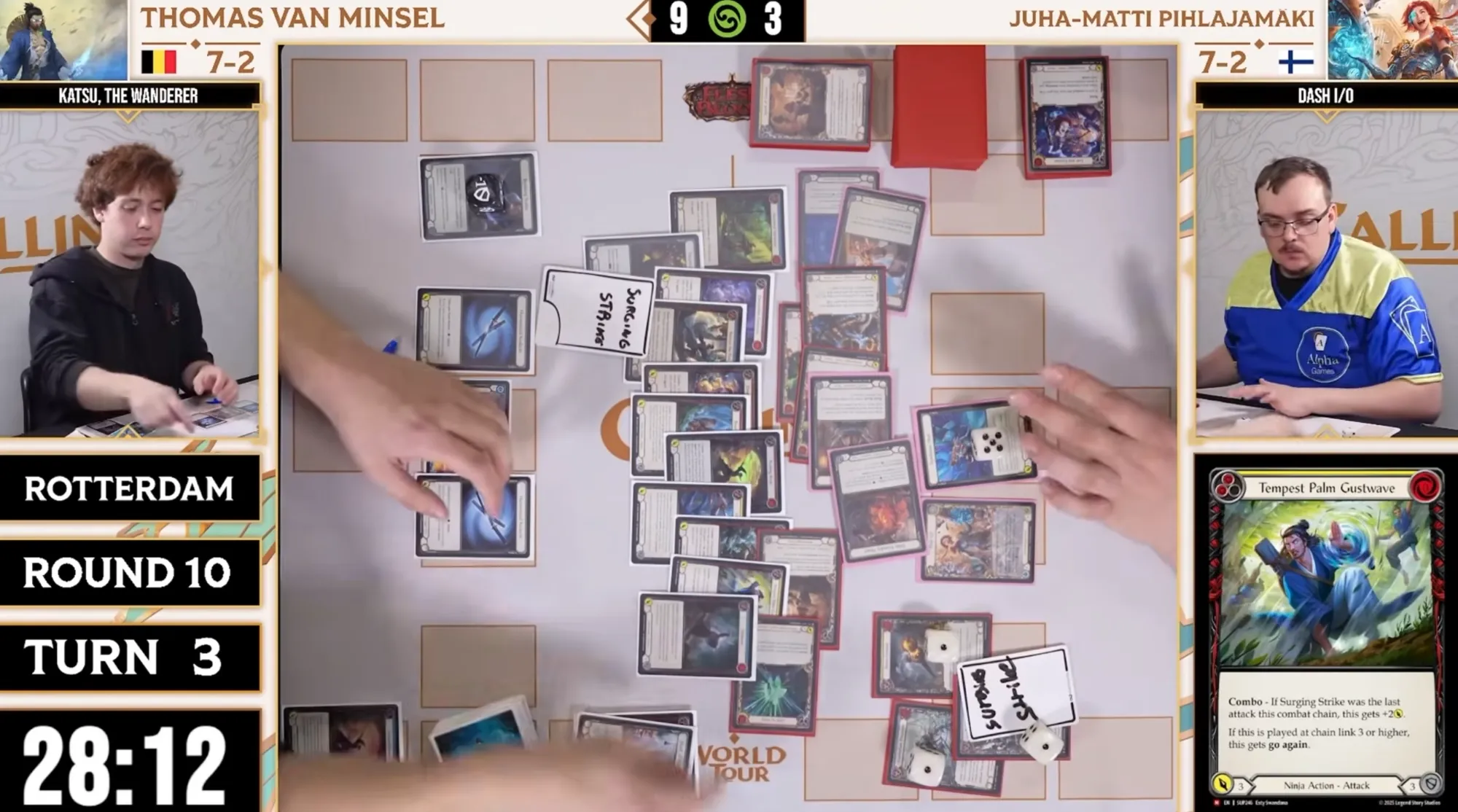 Picture of a game in progress, with a katsu player with 9 attacks on the combat chain